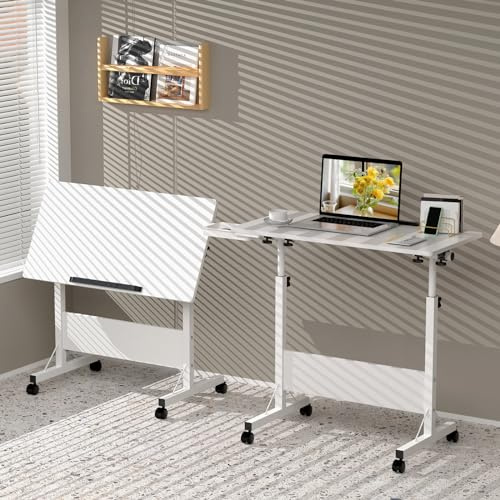 Rcynview Klapptisch Laptoptisch höhenverstellbarer Schreibtisch mit drehbarer Rollen Weiß Faltbar PC Tisch Campingtisch klappbar Arbeitstisch 80x40x65-88cm Mobiler Beistelltisch Homeoffice Büro