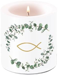 Candle Communion & Confirmation Fish in Wreath Full of Leaves White as Table Decoration Small Round Candle Diameter 7.5 x 9 cm