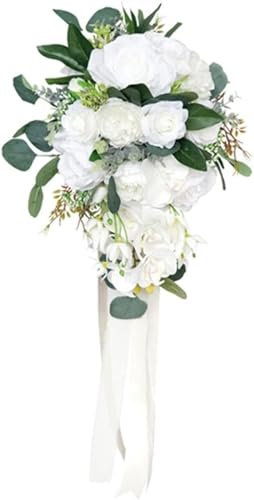 Braut-Hochzeitssträuße, mit künstlichen Blumen, 30,5 cm, künstliche Rosen-Orchideen-Brautsträuße, kaskadierende Brautsträuße for die Hochzeit, kaskadierende Brautsträuße, Rosen-Hochzeitssträuße