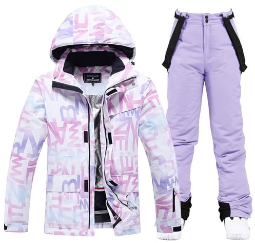 HOTIAN Ensemble de Ski pour Femmes Veste et Pantalon 2 Pièces Set de Combinaison de Ski Veste d'Hiver Chaude pour Neige Ski Snowboard Ensemble Imperméable Coupe-Vent, XL