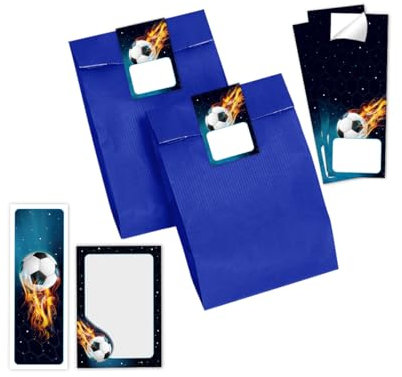 Minkocards Mitgebsel Kindergeburtstag Jungen 8 Lesezeichen + 8 Notizblöcke + 8 Geschenktüten (blau) + 8 Aufkleber Fussball Fußball Gastgeschenke für Jungsgeburtstag Kinder