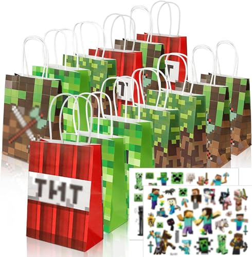 Spiel Kindergeburtstag Mitgebsel, 12Pcs Geschenktüten papier mit 2 Aufkleber, Papiertüten, Mitgebsel Tüten Papier, Pixel Kraftpapiertüte Candy Tüten Kindergeburtstag Geschenke