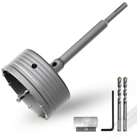 CSOOM Sega a tazza per calcestruzzo da 125 mm con prolunga SDS-Plus da 220 mm, set di seghe a tazza per cemento, set di 4 punte di centraggio 8 x 110 mm, punta in metallo duro, 2 punte di centraggio