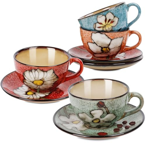Katathani Cappuccino Cups Set of 4, 8 Oz Ceramic Coffee Cups with Saucers for Espresso, Tea, Latte – Hand-Painted Porcelain Underglaze Design