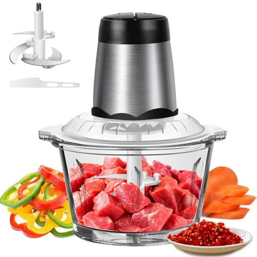 2L Multifunctional Meat Grinder 300W Kitchen Electric Cutter Mixer, Small Food Processor with Glass Bowl, 4 Bi-level Blades Electric Food Chopper for Meat/Vegetable/Fruits/Baby Food, 2 Speed Modes