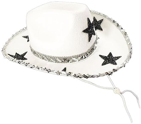 Yuedefly Versatile Western Style Cowboy Hat,White Cowgirl Hat Glitter Star Cowboy Hat Wide Brim Cowgirl Hat for Festivals Fancy Dress Cosplay Music Concerts(Black Star)