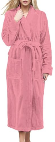 Fleece-Bademantel für Damen, langer Morgenmantel für Damen, Winter-Bademantel mit Taschen und Gürtel, mer Bademantel, langer Bademantel, bequem, gemütlich, einfarbig, Nachtwäsche, Loungewear, rose