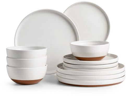 DOWAN Plates and Bowls Set for 4, White & Brown Rustic Dinner Set, 12 Piece Serving Plates, Sesame Glaze Crockery Set, Ceramic Dinnerware Sets for Ramen, Pasta, Dessert, Cereal, Housewarming Gift