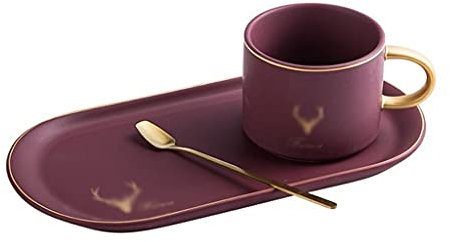 QXSJEDYCH Tazze da caffè in Ceramica con Bordo Dorato, Tazze e piattini, Set di cucchiai con Confezione Regalo, tè, Latte di soia, Tazze da Colazione, Piatto da Dessert Piatti(Rot)