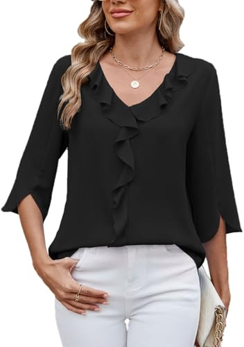 ABINGOO Donna Chiffon Camicetta 3/4 Manica Scollo a V Volant Tunica Tinta Unita Elegante Lavoro Tops(Nero,XL)