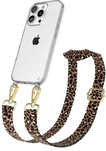 EAZY CASE Handykette - Verstellbares Taschenband kompatibel mit iPhone 16 Pro, Schulterriemen, Handykordel mit Silikon Hülle, Umhängetasche, Leo - Schwarz Braun Gold