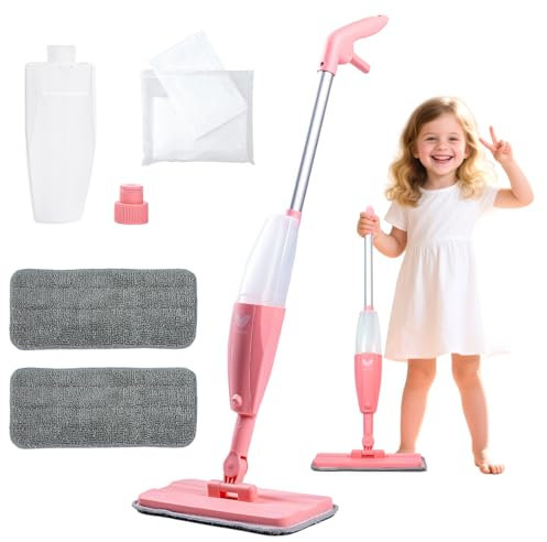 Kids Spray Mop, Pink Mini Mop Set mit 2 Mikrofaser Waschbaren Pads und 10 Einweg-Trockenstaubtüchern, Staubwischer für Bodenreinigung, Kleiner Mopp für Kleinkinder Geschenk