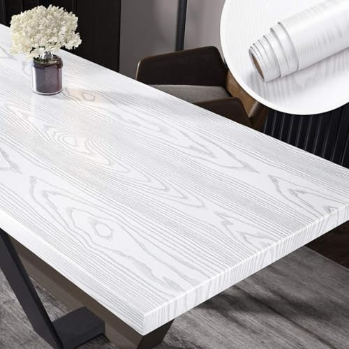 Yenhome Papier Peint Vinyle Bois Blanc pour Chambre 60x300cm Tapisserie Murales Papier Peint Effet Bois Revetement Mural Adhesif Rouleau Adhesif Meuble Blanc Argent pour Cuisine Salon Chambre à Dormir