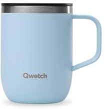 QWETCH - Återvunnen isolerad mugg i rostfritt stål med handtag - pastellblå 350 ml - isolerad kopp kaffe och te - 6 timmar varm och kall 12 timmar - stänksäker glidpropp och kompatibel med infusioner