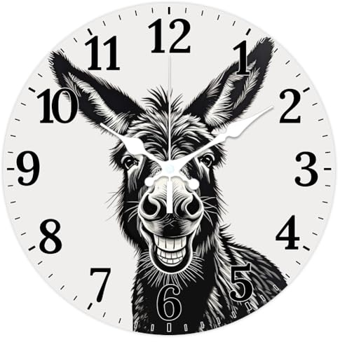 CHGCRAFT Lustiges Esel Muster Wanduhr 12 Zoll Nicht Tickende Uhren Schwarzes und Weißes Holzschnittmuster Runde Wanduhr Batteriebetrieben für Schlafzimmer Wohnzimmer Küche Büro