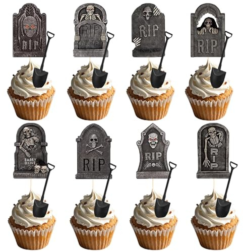 48 stycken halloween cupcake-topper, cupcake-toppers gravsten, tårtdekoration, halloween tårta topper, tårtdekoration för halloween, temafest, cosplay