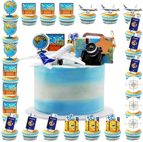 Aeroplane Cake Topper - 30PCS Airplane Cake Topper, Airplane Cupcake Toppers, Travel Theme Decorations with 3D Plane Camera Suitcase, Bon Voyage Decorations, Adventure Travel Decor for Retirement
