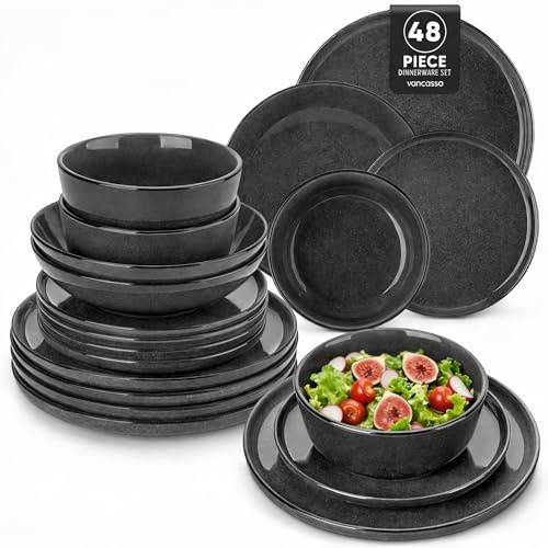 vancasso ANYA Dinner Set, 48 Pieces Plates and Bowls Set for 12, Include Ceramic Dinner Plates, Side Plates, Pasta Bowls and Cereal Bowls, Dishwasher and Microwave Safe, Grey