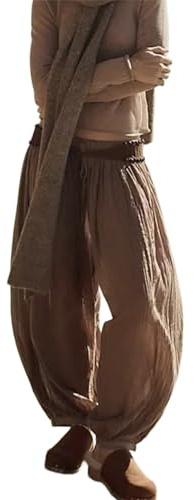 Ballongbyxor för kvinnor sommar blommiga breda ben byxor elastisk midja säckig ballong byxor strandsemester kläder, Kaffe, 3XL
