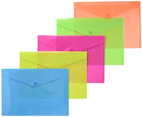Alevar Busta con Bottone Formato A4, Portadocumenti in Polipropilene con Chiusura a Pressione, Colori Fluo Assortiti, Confezione da 5 Pezzi