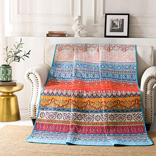 Qucover Single Bedspread Quilted Lightweight Soft Bohemian Quilted Throw Blanket 150 x 200 cm, Vibrant Red Blue Boho Throw