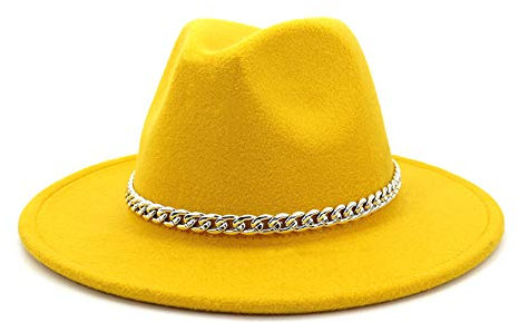 Gossifan Panama Fedoras Hut mit breiter Krempe, Filzhut mit Kettengürtel für Männer und Frauen - Gelb - 58/60 cm