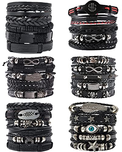 WAINIS 6 Pack Mens Black Leather Bracelets Set for Men Stackable Braided Cuff Bracelet Tribal Punk Rock Handmade Wristband