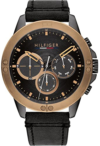 Tommy Hilfiger Multi Zifferblatt Quarz Uhr für Herren mit Schwarzes Lederarmband - 1791893