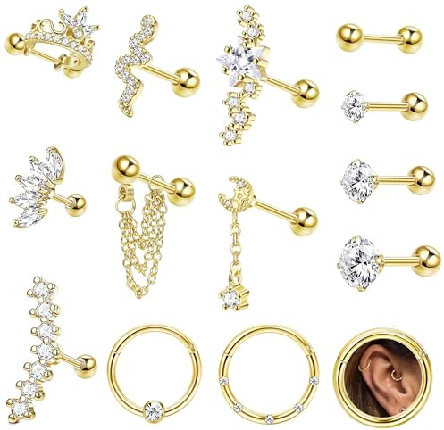 Milacolato 14St Piercing Ohr Chirurgenstahl 16G Ohrknorpel Piercing Tragus Helix Zirkonia Mond Schlange Ohrstecker Set CZ Septum Segmentring Clicker Ohrpiercing Schmuck Gold
