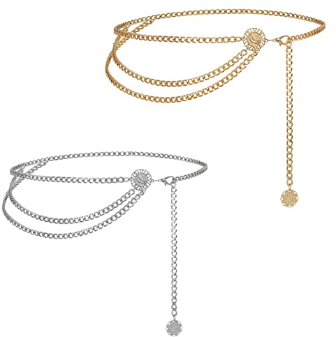 yeemeen Bauchkette Gold,2 Stücke Kettengürtel, Taillenkette Silber | Dirndl Kettengürtel,Verstellbare Kettengürtel Gold Damen Mädchen, Passend zum Jeanskleid(Gold, Silber)