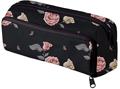 Mäppchen Federtasche 3 Fach Bunte Federmäppchen Schüleretui Stiftemappe mit Reißverschlüssen Netztaschen und Gummiband Stiftehalter Schwarz Rosa Rosen [152]