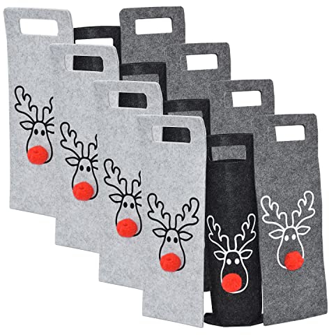 12 Flaschentüten für Wein aus Filz Rentier Motiv mit roter Bommelnase Geschenktasche Flaschentasche