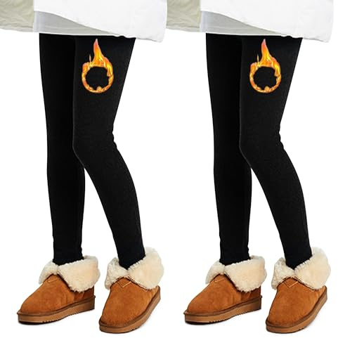 L&K-II 1/2-pack, termoleggings, flickor, vinterleggings för barn, tjocka bomull med fleece, fodrade barnbyxor, 4610, storlek: 110–164, Förpackning med 2, 122/128 cm