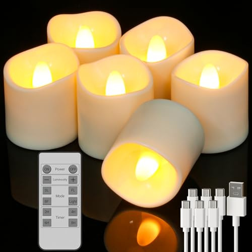 PChero Flamlösa uppladdningsbara ljus med fjärrkontroll, set med 6 LED-flimrande värmeljus med USB-kabel, automatisk av-timer, batteri värmeljus lång brinnande för julfest middagsdekoration