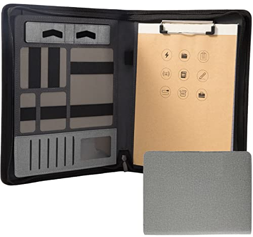 Padfolio Portfolio mit Reißverschluss und Klemmbrett – Leder Business Portfolio Organizer – Portfolio mit Reißverschluss für Damen und Herren (ohne Batterie, Hellgrau)