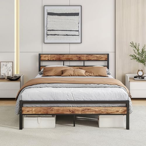 HOJINLINERO Doppelbettgestell mit Holzkopfteil,Robuster Metall-Plattform-Bettgestell für Doppelbett, Stahl-Lattenrost, Stauraum unter dem Bett, Doppelbett, Schwarz + rustikales Braun