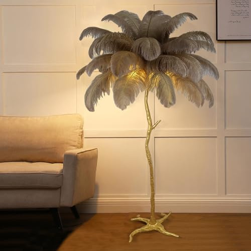 KISFWIU Stehlampe, Straußenfederlampe mit 35 Federn, Goldener Lampenmast aus Harz, große Stehlampe, geeignet für Schlafzimmer und Wohnzimmer, 170 x 110 cm（camel）