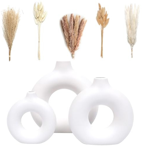 VELOVA Set of 3 White Ceramic Vase with 65 PCS Dried Pampas Grass Flowers Aesthetic Boho Modern Small Round Cute Vases for Decor Living Room Coffee Table Shelf Bedroom Office Desk Home Gifts Women Mom