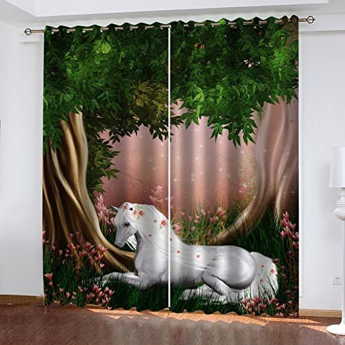 Schattierung Vorhänge 2Er Set 3D Tierisches Einhorn Druck Isolierung Schalldichte Kinder Gardinen Blickdicht Mit Ösen Vorhang Fenster Für Wohnzimmer Schlafzimmer Balkon 140(B) X160(H) cm
