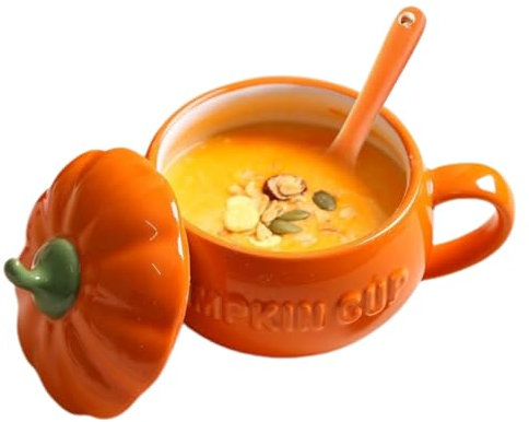 Halloween-Kürbisbecher, Kürbis-Suppentasse mit Deckel, Kürbis-Suppentassen mit Löffel, Keramik-Kürbis-Gesichtsschale, für Herbstdekoration, Cappuccino, Latte, Müsli, Joghurt, mikrowellengeeignet,