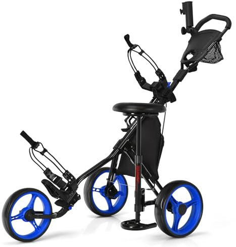 COSTWAY 3 Wheel Golf Push Pull Cart, Lightweight Foldable Golf Trolley with Adjustable Height Handle, Umbrella Stand, Cup Holder and Foot Brake
