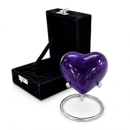 Urne funéraire en forme de cœur violet avec boîte et support – Petite urne souvenir en forme de cœur – Honorez votre bien-aimé avec urne funéraire commémorative