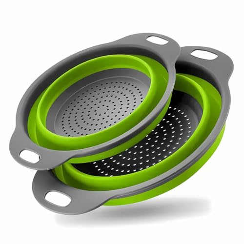 Faltbarer Seiher Sieb, Küche Silikon Klappbar Abtropfsieb Nudelsieb Set, Küchensieb Abwaschschüssel von Nudeln, Obst, Gemüse, 2 Größe (24.5+29.2cm) (Grün)