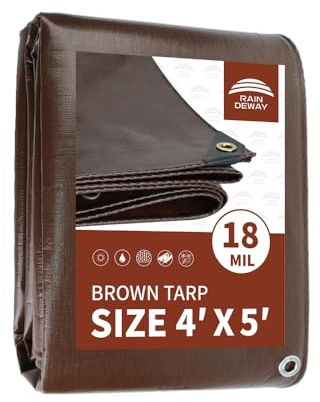 RAINDEWAY Brown Small Tarps 4x5 Feet Super Heavy Duty Waterproof-18 Mil,UV Resistant,Multipurpose Poly Tarp Cover with Grommets and Reinforced Edges,Tear Resistant,Build to Last