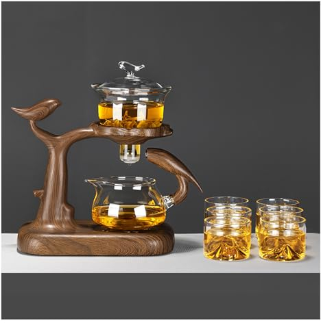 Tauzveok Teapot with magnetic ball, teapot glass set, with 6 bowls, completely automatic, tea maker set, lazy kungfu tea maker,Wood Set B