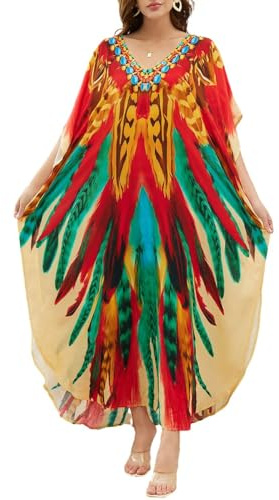 Bsubseach Dam baddräkt täcka upp etniskt tryck kaftan strand maxiklänningar, Påfågelfjäder, one size
