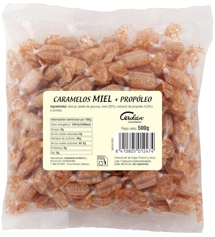 Caramelos Cerdán - Caramelo con 20% de Miel Pura y Propóleo| Bolsa de 150 Uds | Caramelo Duro Sin Gluten ni Alérgenos ni Conservantes ni Aromas ni Colorantes Artificiales - Medio Kilo