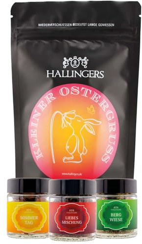 Hallingers Genuss Manufaktur Feinkost Oster-Geschenk-Set - wertig in der Wundertüte Kleiner Ostergr... kleines Osternest Früchtetee, Roibuschtee & Kräutertee, Ostern Körbchen für Frauen Mädchen