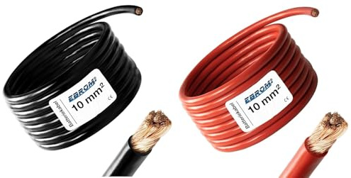 EBROM Batteriekabel SET: ROT + SCHWARZ - 10 mm² - Vollkupfer je 2 Meter | Batterie Kabel, PLUS- und MASSE Kabel - jeweils 2 m Länge - für PV, Boot, Solar, Industrie, LKW, KFZ, Caravan und weitere