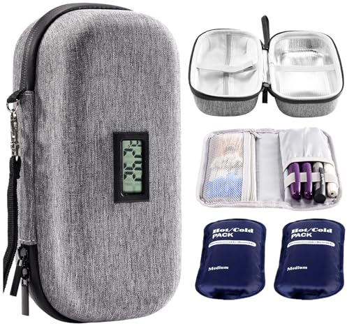 ProCase Porta Insulina Termico con Termometro & 2 confezioni di Ghiaccio Riutilizzabili, Borsa Termica per Insulina da Viaggio -Grigio